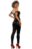 Women's Vintage Baddie Costume, Coated Denier Off-Shoulder Jumpsuit with Mesh Cutouts & Matching Belt with Metal Buckle, Halloween Party Outfit