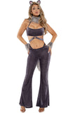 Women's Werewolf Costume, Velvet Detachable Top & Pants Set with Faux Fur Accents, Cutouts, Straps & O-Ring Details, Ear Headband & Fur Cuffs