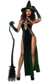Women’s Emerald Enchantress Costume, Printed Velvet Dress with Open Faux-Lacing Side Panels, Built-In Panty, Elbow-Length Gloves & Velvet Witch Hat