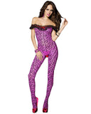 Off-the-Shoulder Leopard Print Crotchless Spandex Bodystocking