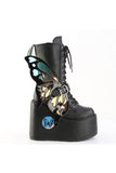 LED Light-Up Butterfly Platform Wedge Lace-Up Mid-Calf Boot with Inner Zip