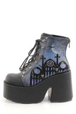 Gothic Platform Ankle Boots with 5 Inch Chunky Heel, 3 Inch Platform, D-Ring Lace-Up Front, Moonlit Cathedral Artwork and Metal Back Zip Closure