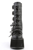 Platform Lace-Up Front Mid-Calf Boots with 6 Cone-Studded Buckle Straps and Inner Side Metal Zip