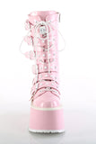 Platform Lace-Up Front Mid-Calf Boots with 6 Cone-Studded Buckle Straps and Inner Side Metal Zip