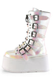 Platform Lace-Up Front Mid-Calf Boots with 6 Cone-Studded Buckle Straps and Inner Side Metal Zip