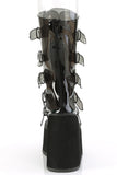 Mid-Calf Boots with Heart-Shaped Metal Plate Buckle Straps and Back Zip Closure