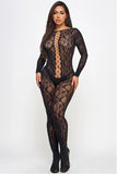 Kiara Floral Lace Lace-Up Bodystocking with Long Sleeves