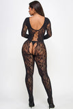 Kiara Floral Lace Lace-Up Bodystocking with Long Sleeves