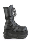 4" Platform Lace-Up Mid-Calf Boot with Triple Buckle Straps and Back Zip