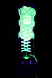 2 3/4" Platform Lace-Up Mid-Calf Boots with Chrome Metal Toe Cap, UV Reactive Acrylic Shield, and Harness Chain Details