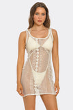 SunKissed Crochet Swim Cover Up Dress, Sleeveless Mini Beach Cover-Up with Boho Knit Pattern, Lightweight Summer Resort Wear