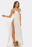 Tassel Tease Maxi Swim Cover Up Dress, Surplice V-Neck Beach Cover-Up with Tassel Trim, Flowy Lightweight Resort Wear