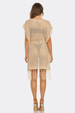 Knotty by Nature Mini Swim Cover Up Dress, Open Knit Beach Cover-Up with Tassel Trim, Waist Tie, Short Sleeves & Lightweight Crochet Style