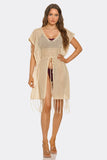 Knotty by Nature Mini Swim Cover Up Dress, Open Knit Beach Cover-Up with Tassel Trim, Waist Tie, Short Sleeves & Lightweight Crochet Style