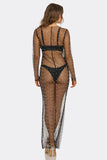 Full of Shine Sheer Mesh Maxi Swim Cover Up Dress, Pearl Embellished Long Sleeve Beach Cover-Up, Lightweight Resort Party Dress