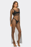 Full of Shine Sheer Mesh Maxi Swim Cover Up Dress, Pearl Embellished Long Sleeve Beach Cover-Up, Lightweight Resort Party Dress