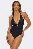 Geo Accent One-Piece Swimsuit, Deep V-Neck Halter Bathing Suit with Low Back, High-Cut Leg & Cheeky Coverage