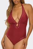 Geo Accent One-Piece Swimsuit, Deep V-Neck Halter Bathing Suit with Low Back, High-Cut Leg & Cheeky Coverage