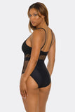 Elvira One-Piece Swimsuit, Mesh Cutout Bathing Suit with Fishnet Paneling, Deep V Design & Front Strap Detail, Stylish Swimwear