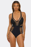 Elvira One-Piece Swimsuit, Mesh Cutout Bathing Suit with Fishnet Paneling, Deep V Design & Front Strap Detail, Stylish Swimwear
