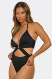 Dita Halter Monokini One Piece Swimsuit for Women with Plunging Neckline, Ring Detail & High-Cut Design – Ribbed Swimwear