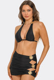 Kiki 3-Piece Bikini Set for Women with Triangle Halter Top, Gold Floral Details & Ruched Cut-Out Mini Skirt