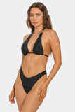 Kiki 3-Piece Bikini Set for Women with Triangle Halter Top, Gold Floral Details & Ruched Cut-Out Mini Skirt