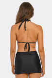 Kiki 3-Piece Bikini Set for Women with Triangle Halter Top, Gold Floral Details & Ruched Cut-Out Mini Skirt