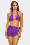 Kiki 3-Piece Bikini Set for Women with Triangle Halter Top, Gold Floral Details & Ruched Cut-Out Mini Skirt