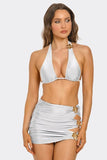 Kiki 3-Piece Bikini Set for Women with Triangle Halter Top, Gold Floral Details & Ruched Cut-Out Mini Skirt