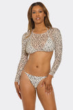 Spotted You 3-Piece Bikini Set, Animal Print Triangle Swimsuit with Mesh Long Sleeve Crop Top, Adjustable String Bikini & Cheeky Low Rise Bottoms