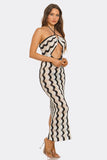 Wavy Baby Maxi Swim Cover Up Dress, Striped Wavy Print Beach Dress with Halter Neckline, Side Cutouts & Lightweight Resort Wear