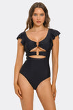 Nightwave One Piece Swimsuit, Black Cutout Swimwear with U-Ring Front Detail, Ruffle Sleeves & Stylish One-Piece Bathing Suit