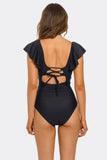 Nightwave One Piece Swimsuit, Black Cutout Swimwear with U-Ring Front Detail, Ruffle Sleeves & Stylish One-Piece Bathing Suit