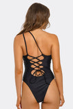 Nelly One-Piece Swimsuit, Asymmetrical Neckline Bathing Suit with Shoulder Cutout, Dotted Accents & Extra High-Cut Legs