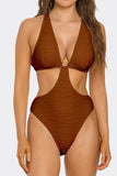 Divine Aura White Monokini Swimsuit, Plunging Neckline One-Piece with Chain Accents, Textured Fabric, High-Cut Leg & Cheeky Back