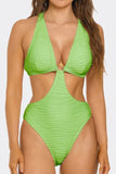 Divine Aura White Monokini Swimsuit, Plunging Neckline One-Piece with Chain Accents, Textured Fabric, High-Cut Leg & Cheeky Back