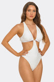 Divine Aura White Monokini Swimsuit, Plunging Neckline One-Piece with Chain Accents, Textured Fabric, High-Cut Leg & Cheeky Back