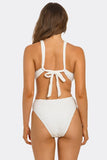 Divine Aura White Monokini Swimsuit, Plunging Neckline One-Piece with Chain Accents, Textured Fabric, High-Cut Leg & Cheeky Back