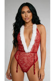 Under the Mistletoe Lace Teddy Bodysuit for Women with Faux Fur Trim, Plunging Neckline, Halter Design & Attached Garter – Holiday Lingerie