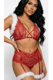 Naughty List 2-Piece Lace Set for Women with Faux Fur Trim, Cross-Over Neck, Criss-Cross Front Straps, Adjustable Shoulder Straps & Brazilian Knicker