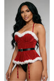 Santa Baby 2-Piece Lingerie Set for Women – Red Velvet Basque with Faux Fur Trim, Adjustable Halterneck, Diamante Buckle Belt & Matching Thong