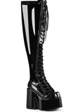 5" Chunky Heel 3" Platform Lace-Up Stretch Wide Calf Thigh-High Boots with Full-Length Outside Metal Zip
