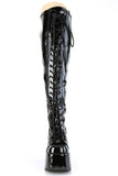 5" Chunky Heel 3" Platform Lace-Up Stretch Wide Calf Thigh-High Boots with Full-Length Outside Metal Zip