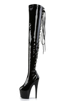 Stretch Thigh Boot with 7-Inch Stiletto Heel, Platform, and Rear Lace-Up Detail