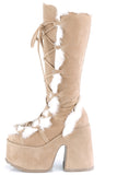 5" Chunky Heel 3" Platform Lace-Up Knee-High Boots with Faux Fur Trim and Full Inner Side Zip