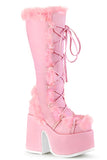 5" Chunky Heel 3" Platform Lace-Up Knee-High Boots with Faux Fur Trim and Full Inner Side Zip