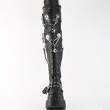 Platform Over The Knee Boots – Studded Pyramid Stretch Boots with Buckle Straps and Chain Detail