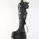 Platform Over The Knee Boots – Studded Pyramid Stretch Boots with Buckle Straps and Chain Detail