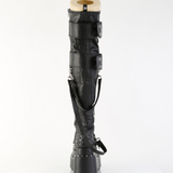 Platform Over The Knee Boots – Studded Pyramid Stretch Boots with Buckle Straps and Chain Detail